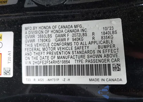 2024 Honda Civic Sport from USA, damaged, VIN 2HGFE2F54RH519864